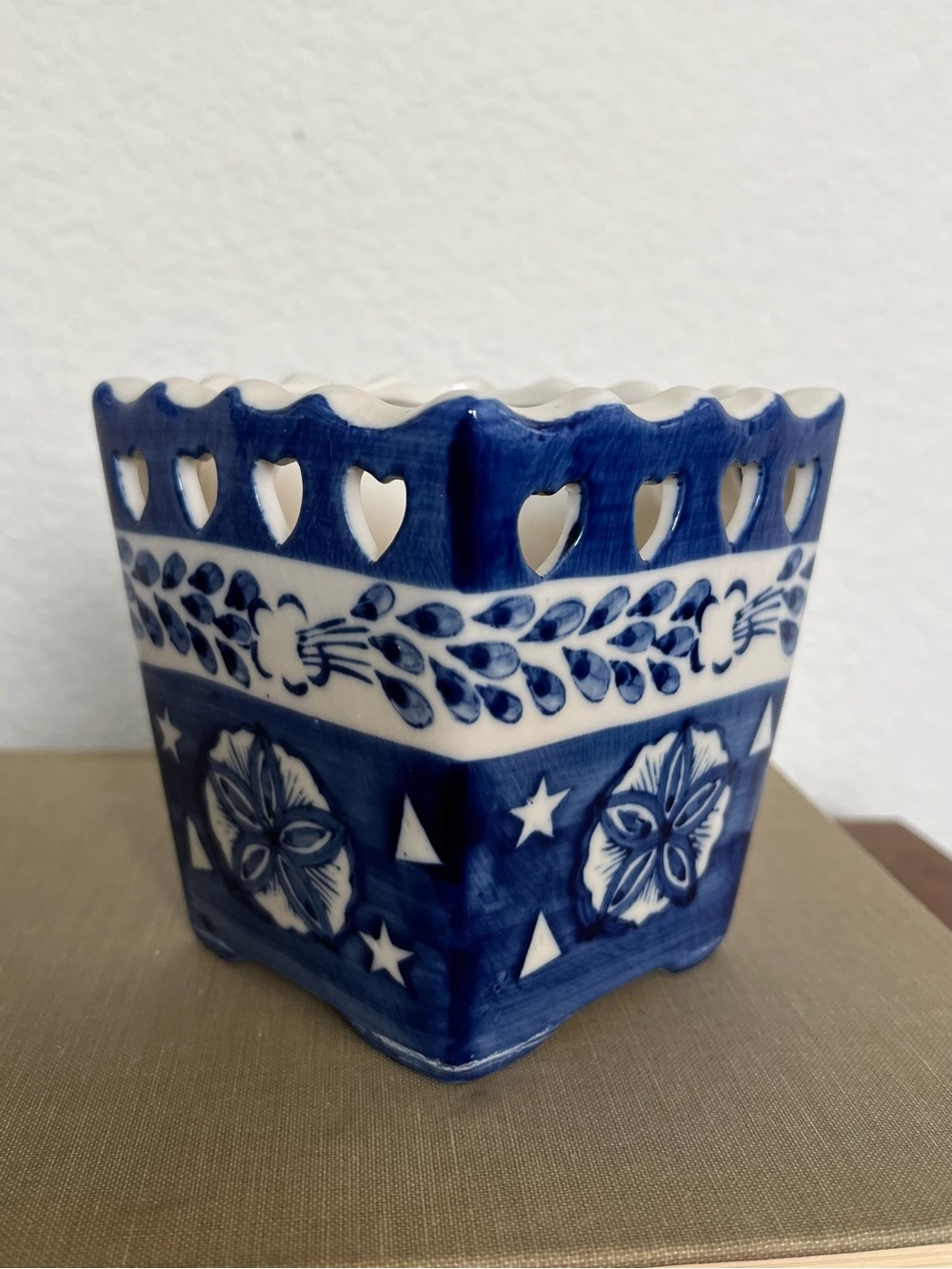 Vintage handmade blue and white planter